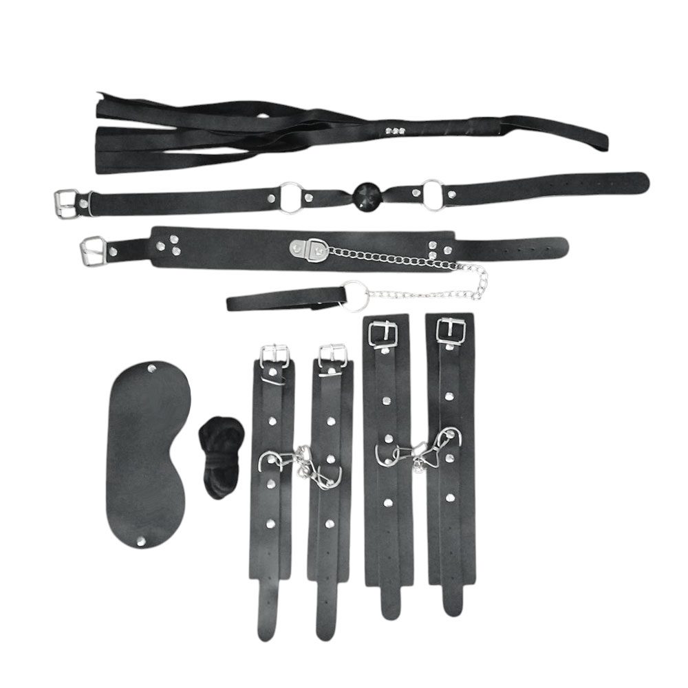 Siyah Suni Deri BDSM Set – 7 Parça Fetiş ve Bondage Takımı