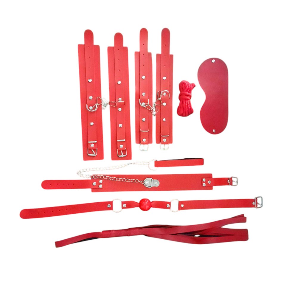 Kırmızı Suni Deri BDSM Set – 7 Parça Fetiş ve Bondage Takımı