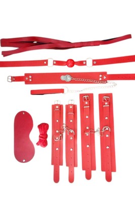 Kırmızı Suni Deri BDSM Set – 7 Parça Fetiş ve Bondage Takımı